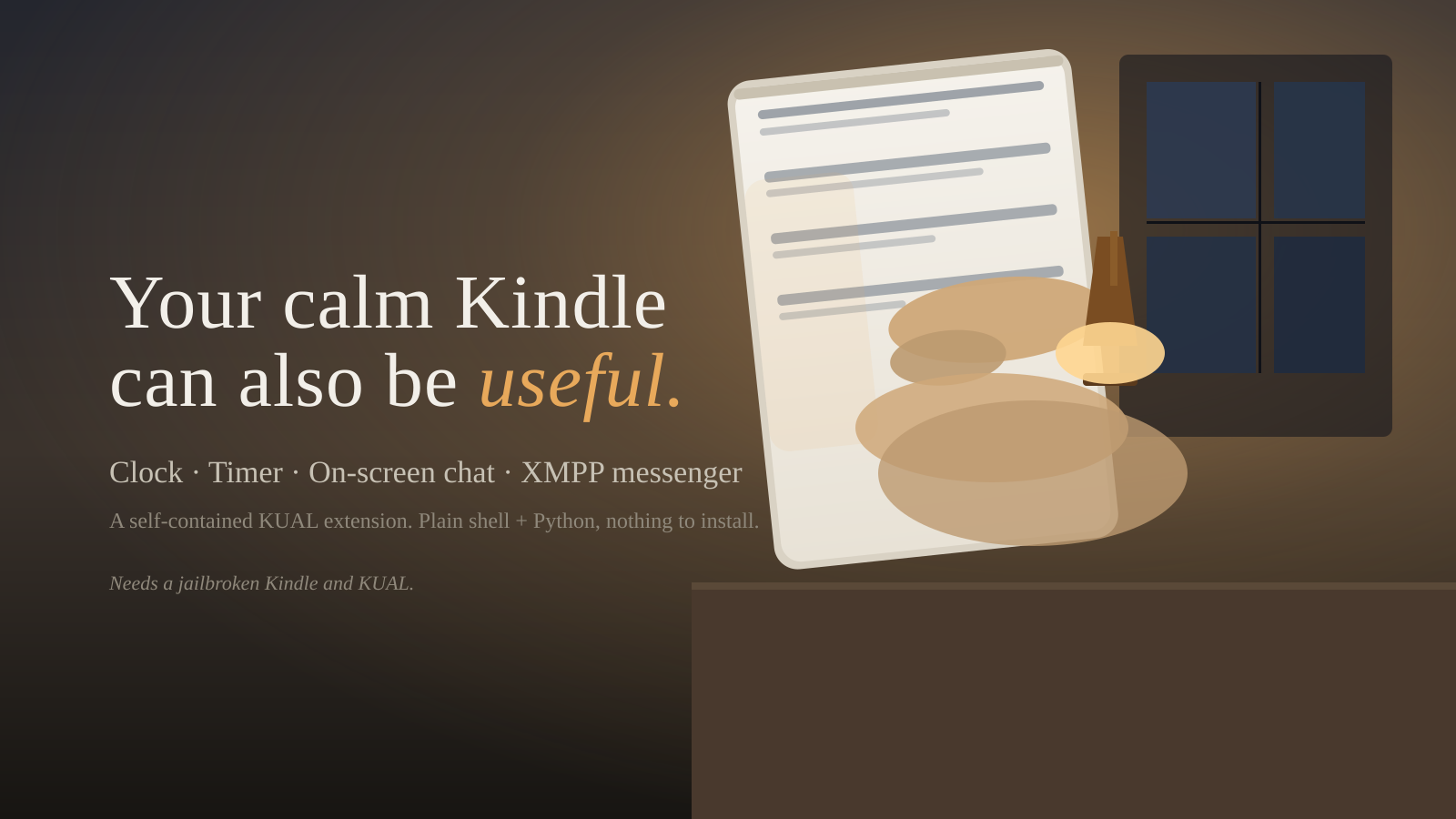 Editorial illustration: a calm e-ink reading device held in a hand beside a warm lamp in the evening. It stands in for the PhoneKit extension, which turns a jailbroken Kindle into a clock, timer, chat, and messenger.
